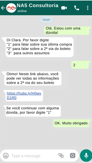 Exemplo de atendimento com chatbot para WhatsApp