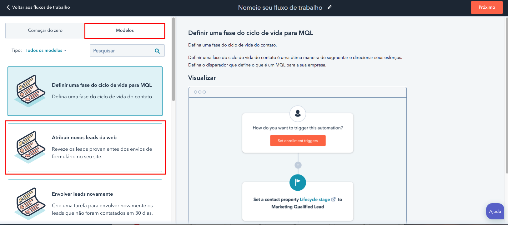 Selecionar modelo se fluxo de trabalho