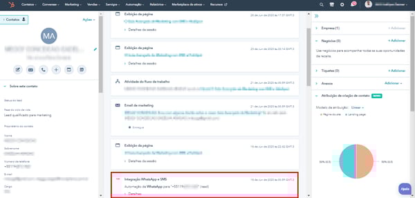 Timeline do Contato na HubSpot com as conversas de WhatsApp