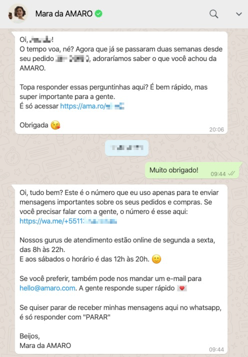 Exemplo da AMARO realizando o transbordo de chatbot de WhatsApp para o atendimento humano