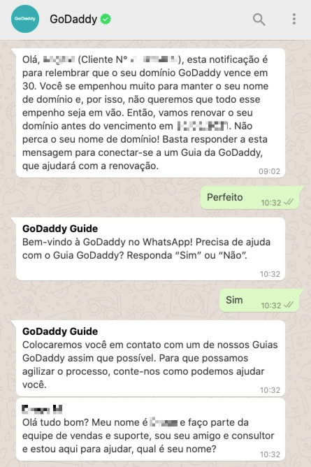 Exemplo da GoDaddy realizando o transbordo de chatbot de WhatsApp para o atendimento humano