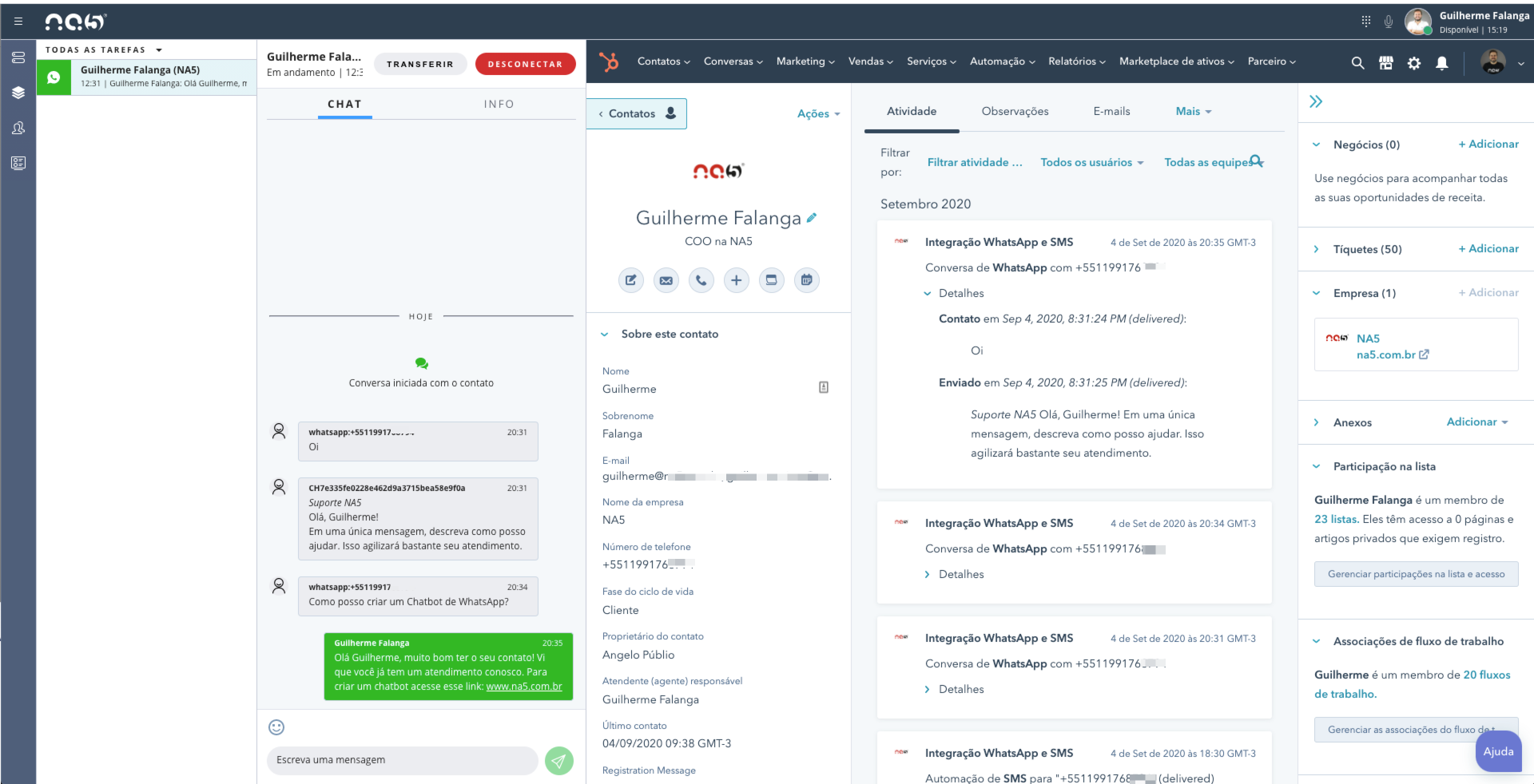 Exemplo da interface de atendimento com a integração de WhatsApp e HubSpot da Plataforma NA5