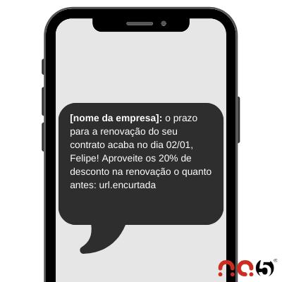 “[nome da empresa]: o prazo para a renovação do seu contrato acaba no dia 02/01, Felipe! Aproveite os 20% de desconto na renovação o quanto antes: url.encurtada”.