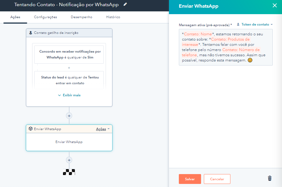 Exemplo de Workflow da NA5 com envio de WhatsApp na régua de relacionamento.